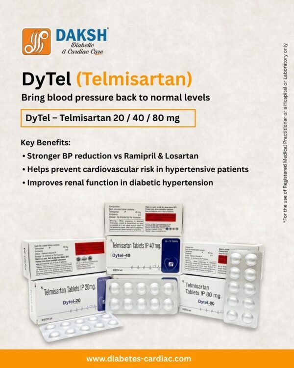 DYTEL range (Telmisartan 20 mg, 40 mg, 80 mg, Telmisartan 40 mg + Hydrochlorothiazide 12.5 mg, Telmisartan 80 mg + Hydrochlorothiazide 12.5 mg, Telmisartan 40 mg + Amlodipine 5 mg, Telmisartan 40 mg + Amlodipine 5 mg + Hydrochlorothiazide 12.5 mg, Telmisartan 40 mg + Cilnidipine 10 mg, Telmisartan 40 mg + Metoprolol ER 50 mg, Telmisartan 40 mg + Chlorthalidone 12.5 mg + Amlodipine 5 mg, Telmisartan 40 mg + Chlorthalidone 12.5 mg + Cilnidipine 10 mg) ALU-ALU and ALUMINIUM FOIL 10 X 10 by Daksh Diabetic & Cardiac Care, ISO certified pharmaceutical company in India, WHO-GMP pharma manufacturer, third party pharmaceutical manufacturing India, pharmaceutical marketing company India, diabetic care pharmaceutical products India, cardiac care pharmaceutical products India, anti-hypertensive drugs manufacturer India, cholesterol-lowering medications India, oral antidiabetic drugs manufacturer, insulin products India, blood sugar monitoring devices, heart failure treatments pharma, preventive cardiac supplements, pharma franchise company India, Panchkula Haryana pharma company, trusted Indian pharma manufacturer [citation:1][citation:3][citation:6].