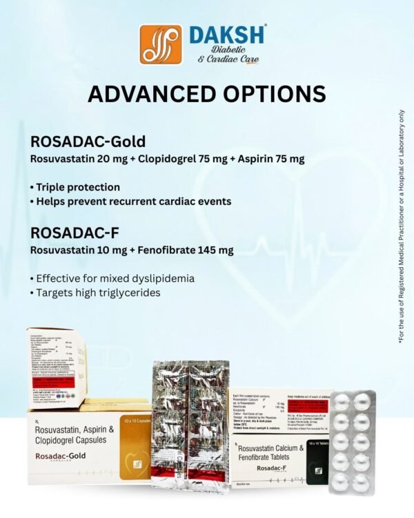 ROSADAC-F tablets with Rosuvastatin 10 mg and Fenofibrate 145 mg in ALU-ALU pack for lipid management, ROSADAC-GOLD capsules with Rosuvastatin 20 mg, Clopidogrel 75 mg and Aspirin 75 mg in aluminium foil packing for advanced cardiac therapy