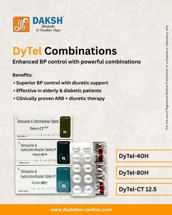 DYTEL range (Telmisartan 20 mg, 40 mg, 80 mg, Telmisartan 40 mg + Hydrochlorothiazide 12.5 mg, Telmisartan 80 mg + Hydrochlorothiazide 12.5 mg, Telmisartan 40 mg + Amlodipine 5 mg, Telmisartan 40 mg + Amlodipine 5 mg + Hydrochlorothiazide 12.5 mg, Telmisartan 40 mg + Cilnidipine 10 mg, Telmisartan 40 mg + Metoprolol ER 50 mg, Telmisartan 40 mg + Chlorthalidone 12.5 mg + Amlodipine 5 mg, Telmisartan 40 mg + Chlorthalidone 12.5 mg + Cilnidipine 10 mg) ALU-ALU and ALUMINIUM FOIL 10 X 10 by Daksh Diabetic & Cardiac Care, ISO certified pharmaceutical company in India, WHO-GMP pharma manufacturer, third party pharmaceutical manufacturing India, pharmaceutical marketing company India, diabetic care pharmaceutical products India, cardiac care pharmaceutical products India, anti-hypertensive drugs manufacturer India, cholesterol-lowering medications India, oral antidiabetic drugs manufacturer, insulin products India, blood sugar monitoring devices, heart failure treatments pharma, preventive cardiac supplements, pharma franchise company India, Panchkula Haryana pharma company, trusted Indian pharma manufacturer