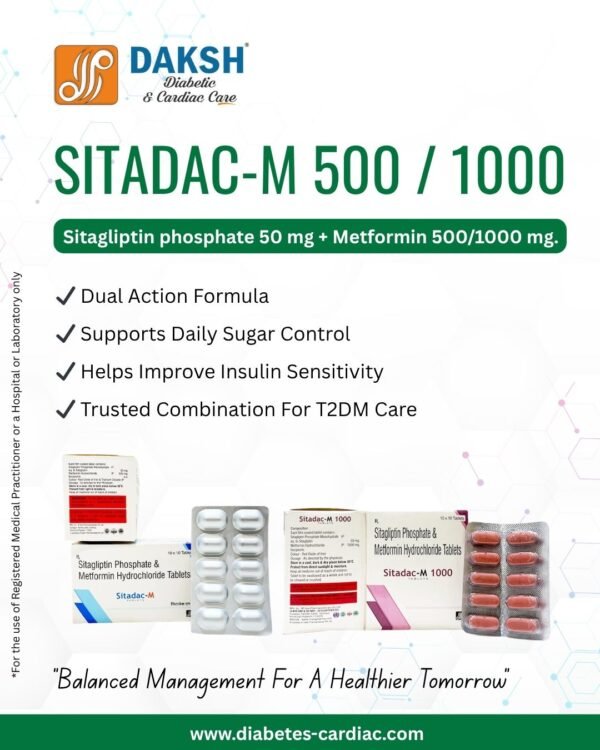 SITADAC range (Sitagliptin 50 mg) ALU-ALU 10 X 10 and SITADAC-M (Sitagliptin 50 mg + Metformin 500 mg) ALU-ALU 10 X 10 by Daksh Diabetic & Cardiac Care, ISO certified pharmaceutical company in India, WHO-GMP pharma manufacturer, third party pharmaceutical manufacturing India, pharmaceutical marketing company India, diabetic care pharmaceutical products India, cardiac care pharmaceutical products India, anti-hypertensive drugs manufacturer India, cholesterol-lowering medications India, oral antidiabetic drugs manufacturer, insulin products India, blood sugar monitoring devices, heart failure treatments pharma, preventive cardiac supplements, pharma franchise company India, Panchkula Haryana pharma company, trusted Indian pharma manufacturer.