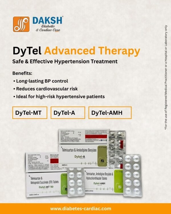 DYTEL range (Telmisartan 20 mg, 40 mg, 80 mg, Telmisartan 40 mg + Hydrochlorothiazide 12.5 mg, Telmisartan 80 mg + Hydrochlorothiazide 12.5 mg, Telmisartan 40 mg + Amlodipine 5 mg, Telmisartan 40 mg + Amlodipine 5 mg + Hydrochlorothiazide 12.5 mg, Telmisartan 40 mg + Cilnidipine 10 mg, Telmisartan 40 mg + Metoprolol ER 50 mg, Telmisartan 40 mg + Chlorthalidone 12.5 mg + Amlodipine 5 mg, Telmisartan 40 mg + Chlorthalidone 12.5 mg + Cilnidipine 10 mg) ALU-ALU and ALUMINIUM FOIL 10 X 10 by Daksh Diabetic & Cardiac Care, ISO certified pharmaceutical company in India, WHO-GMP pharma manufacturer, third party pharmaceutical manufacturing India, pharmaceutical marketing company India, diabetic care pharmaceutical products India, cardiac care pharmaceutical products India, anti-hypertensive drugs manufacturer India, cholesterol-lowering medications India, oral antidiabetic drugs manufacturer, insulin products India, blood sugar monitoring devices, heart failure treatments pharma, preventive cardiac supplements, pharma franchise company India, Panchkula Haryana pharma company, trusted Indian pharma manufacturer