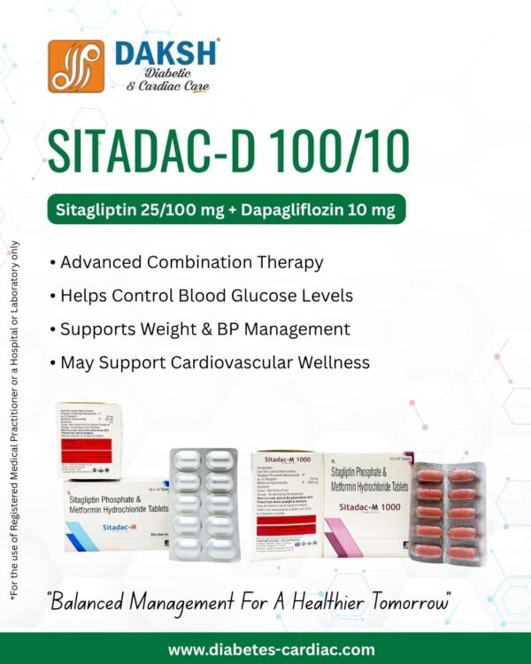 SITADAC range (Sitagliptin 50 mg) ALU-ALU 10 X 10 and SITADAC-M (Sitagliptin 50 mg + Metformin 500 mg) ALU-ALU 10 X 10 by Daksh Diabetic & Cardiac Care, ISO certified pharmaceutical company in India, WHO-GMP pharma manufacturer, third party pharmaceutical manufacturing India, pharmaceutical marketing company India, diabetic care pharmaceutical products India, cardiac care pharmaceutical products India, anti-hypertensive drugs manufacturer India, cholesterol-lowering medications India, oral antidiabetic drugs manufacturer, insulin products India, blood sugar monitoring devices, heart failure treatments pharma, preventive cardiac supplements, pharma franchise company India, Panchkula Haryana pharma company, trusted Indian pharma manufacturer.