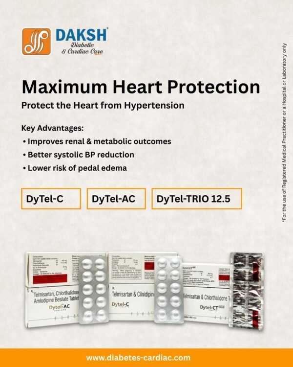 DYTEL range (Telmisartan 20 mg, 40 mg, 80 mg, Telmisartan 40 mg + Hydrochlorothiazide 12.5 mg, Telmisartan 80 mg + Hydrochlorothiazide 12.5 mg, Telmisartan 40 mg + Amlodipine 5 mg, Telmisartan 40 mg + Amlodipine 5 mg + Hydrochlorothiazide 12.5 mg, Telmisartan 40 mg + Cilnidipine 10 mg, Telmisartan 40 mg + Metoprolol ER 50 mg, Telmisartan 40 mg + Chlorthalidone 12.5 mg + Amlodipine 5 mg, Telmisartan 40 mg + Chlorthalidone 12.5 mg + Cilnidipine 10 mg) ALU-ALU and ALUMINIUM FOIL 10 X 10 by Daksh Diabetic & Cardiac Care, ISO certified pharmaceutical company in India, WHO-GMP pharma manufacturer, third party pharmaceutical manufacturing India, pharmaceutical marketing company India, diabetic care pharmaceutical products India, cardiac care pharmaceutical products India, anti-hypertensive drugs manufacturer India, cholesterol-lowering medications India, oral antidiabetic drugs manufacturer, insulin products India, blood sugar monitoring devices, heart failure treatments pharma, preventive cardiac supplements, pharma franchise company India, Panchkula Haryana pharma company, trusted Indian pharma manufacturer