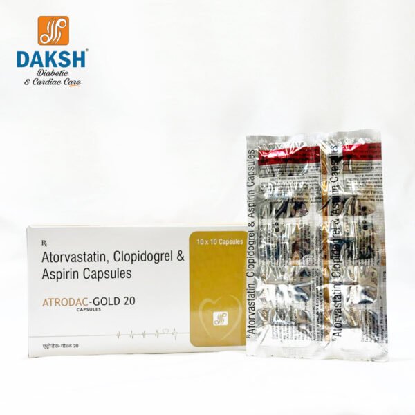 CAP. ATRODAC GOLD 20, Atorvastatin 20 mg + Clopidogrel 75 mg + Aspirin 75 mg, ALUMINIUM FOIL 10 X 10 by Daksh Diabetic & Cardiac Care, ISO certified pharmaceutical company in India, WHO-GMP pharma manufacturer, third party pharmaceutical manufacturing India, pharmaceutical marketing company India, diabetic care pharmaceutical products India, cardiac care pharmaceutical products India, anti-hypertensive drugs manufacturer India, cholesterol-lowering medications India, oral antidiabetic drugs manufacturer, insulin products India, blood sugar monitoring devices, heart failure treatments pharma, preventive cardiac supplements, pharma franchise company India, Panchkula Haryana pharma company, trusted Indian pharma manufacturer.